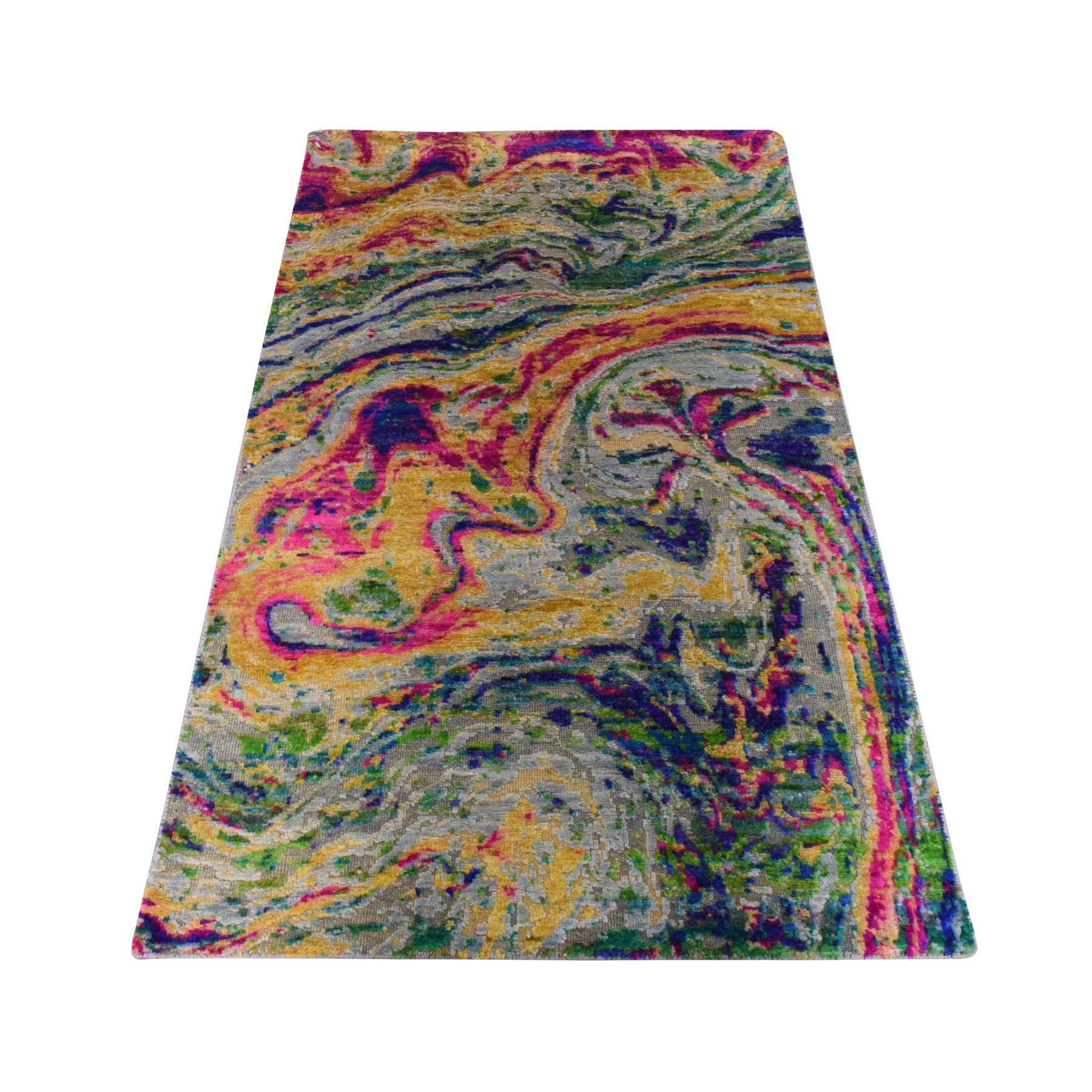 3'x5' Colorful, Sari Silk with Textured Wool, The Lava Design, Hand Knotted, Oriental Rug 